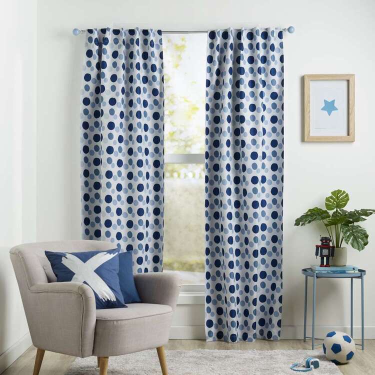 KOO Kids Archie Dots Printed Blockout Concealed Tab Curtains Blue 90 x 223 cm
