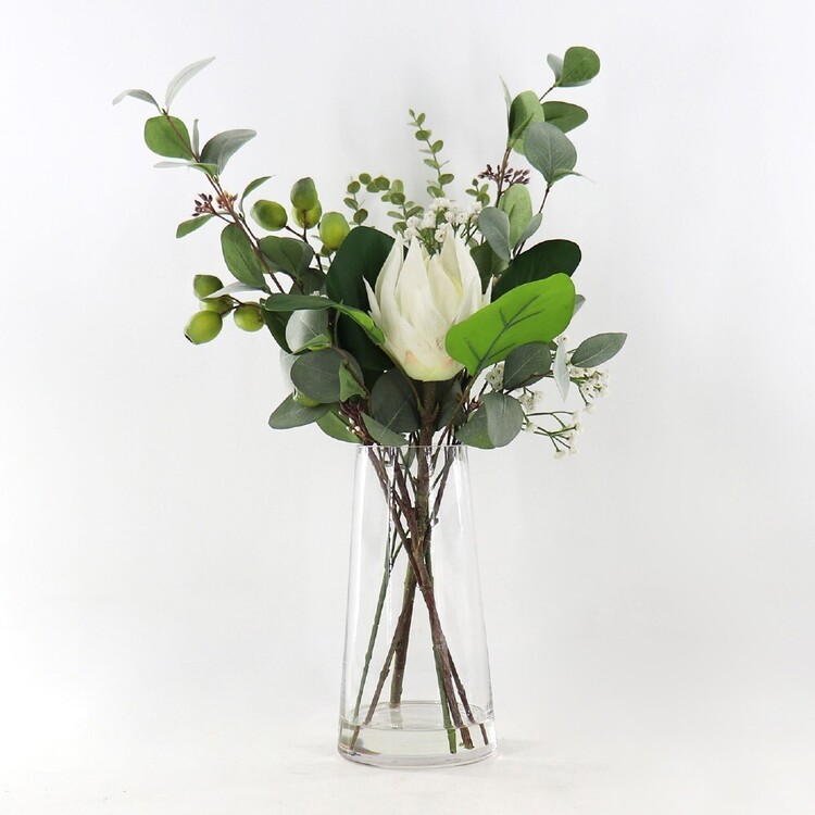 Native Protea In Glass Container White & Green 40.5 x 58.5 cm