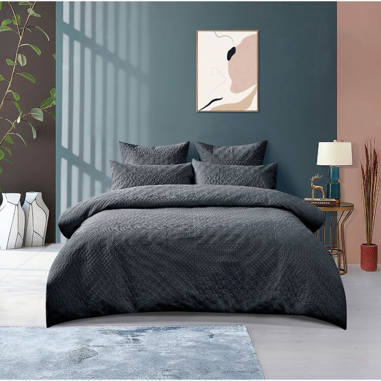 KOO Tilly Quilted Quilt Cover Set Charcoal