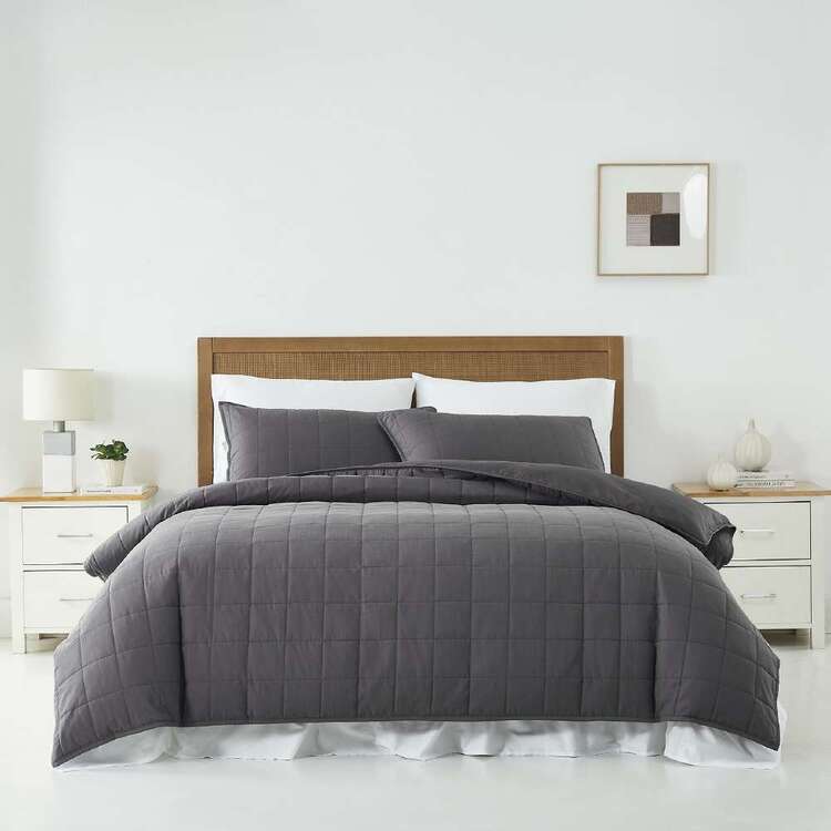 KOO Olive Slub Quilted Quilt Cover Set Charcoal Queen